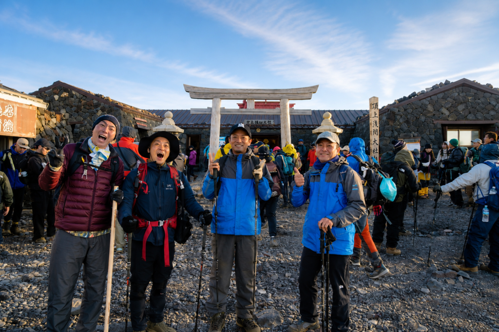 富士山山頂で登頂を喜ぶ登山者とガイド