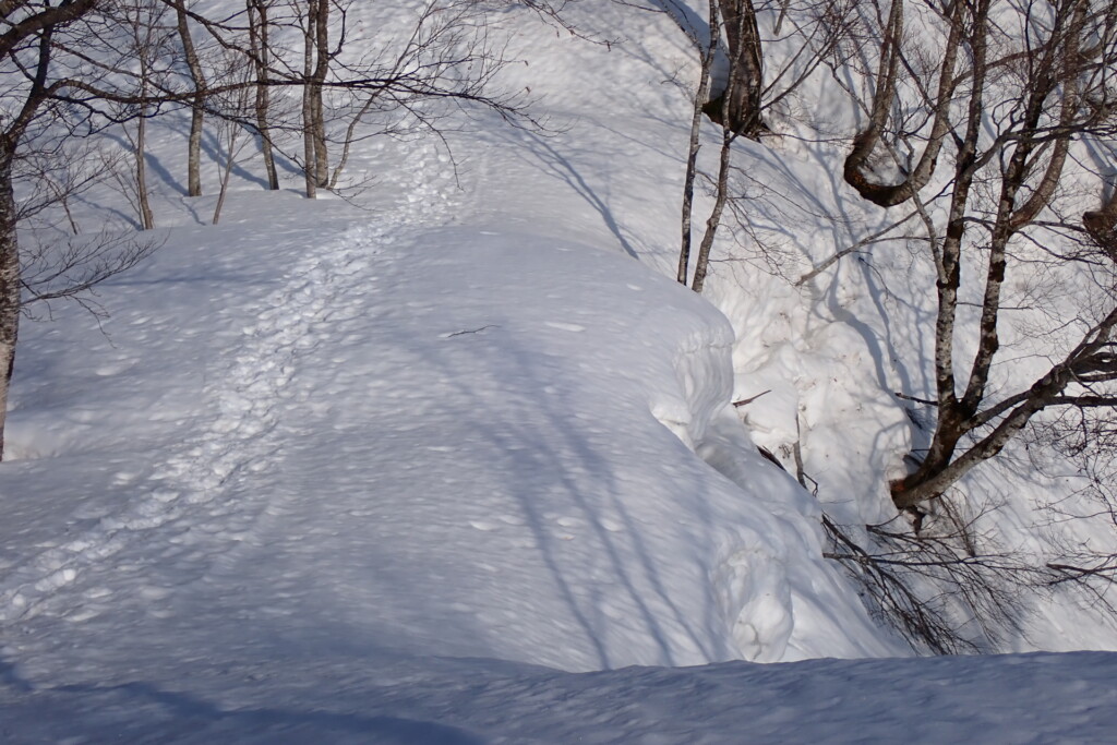 雪庇の縁の崩れやすい部分を近くから見た様子