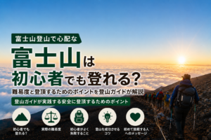 富士山は初心者でも登れるかを問いかける、登山者が日の出を背景に並ぶ山道の写真。トップには大きな日本語の文字が配されている。