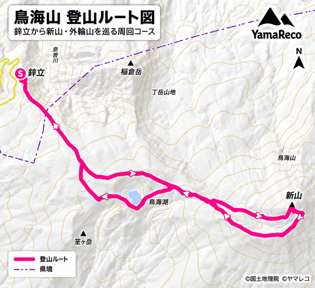 鳥海山の鉾立から新山・外輪山・鳥海湖を巡る登山ルート図